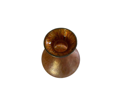 Loetz Attributed/Style Antique Iridescent Amber Spatter Art Glass 5" Cabinet Vase Silver Overlay Rim Made in Austria 1900s