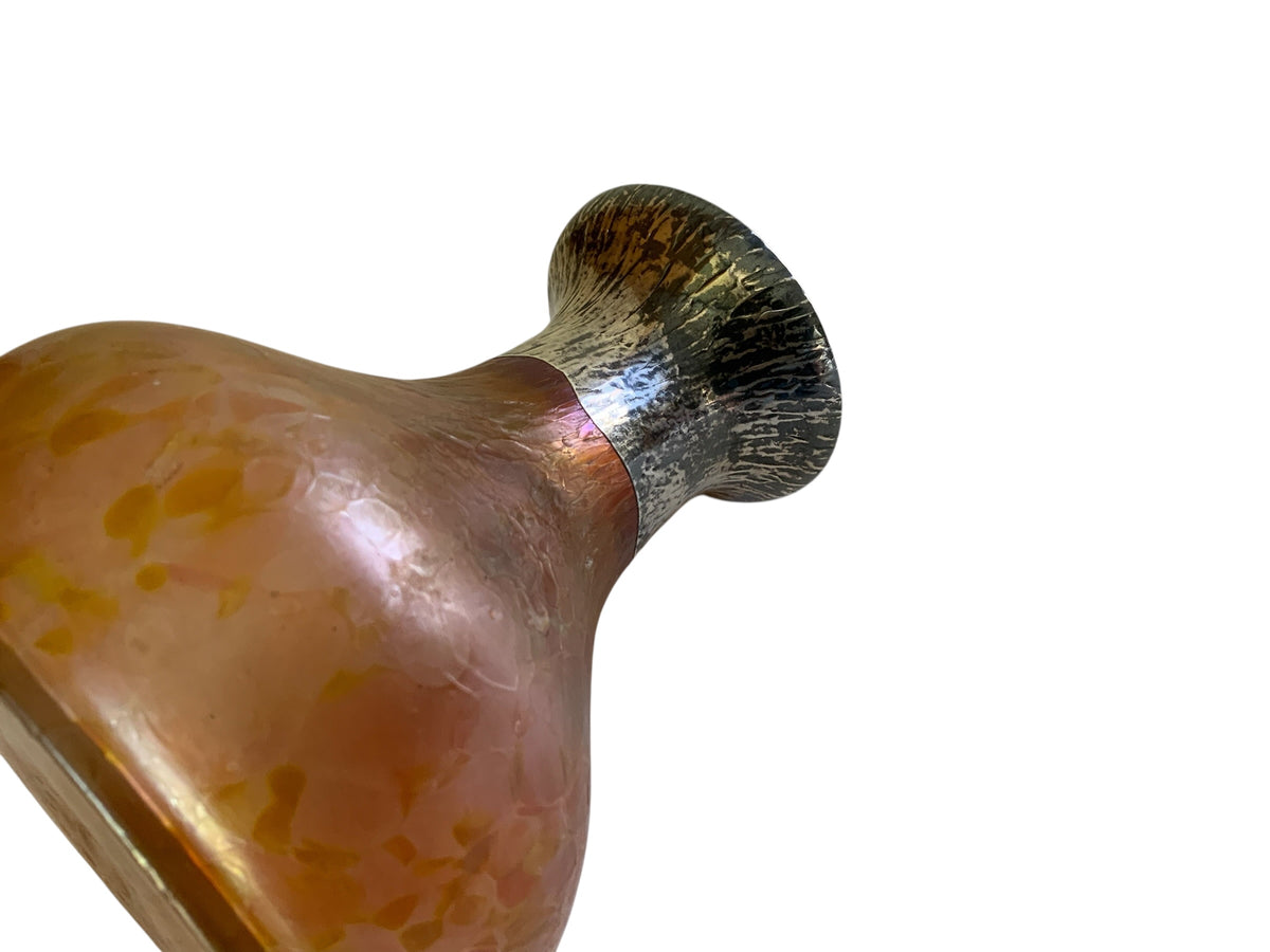 Loetz Attributed/Style Antique Iridescent Amber Spatter Art Glass 5" Cabinet Vase Silver Overlay Rim Made in Austria 1900s