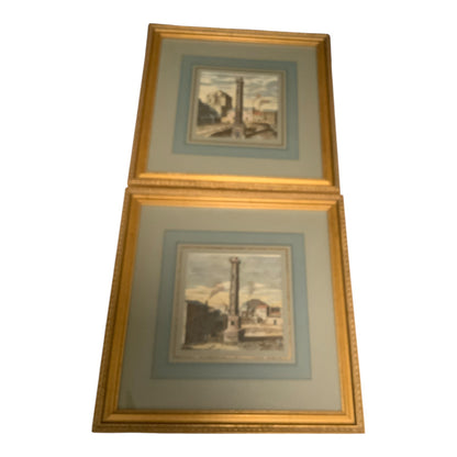 Pair of Antique 18th/19th C. Hand-Colored Roman Engravings – Trajan & Marcus Aurelius Columns Provenance Custom Framed by J. Pocker & Son, NYC