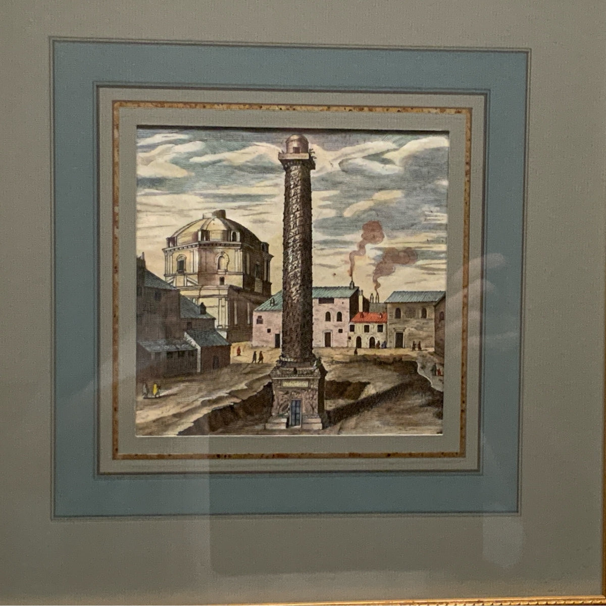 Pair of Antique 18th/19th C. Hand-Colored Roman Engravings – Trajan & Marcus Aurelius Columns Provenance Custom Framed by J. Pocker & Son, NYC
