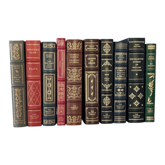 Ltd Ed. Franklin Mint Full Leather Bound Books Lot of 9 22K Gilt Silk Moiré 1970s-1980s UNREAD